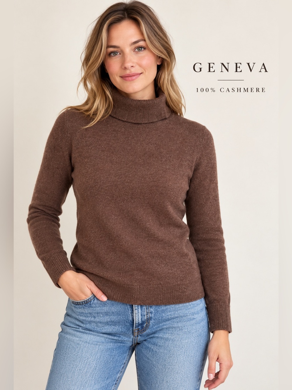 Geneva Women's Brown Cashmere Turtleneck Sweater